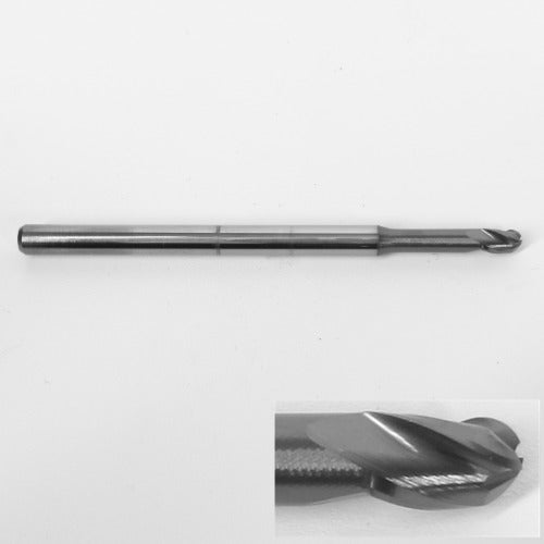 cutting tip close up of 5/32 inch 3 flute carbide ball nose end mill Kyocera 1755-1562L750