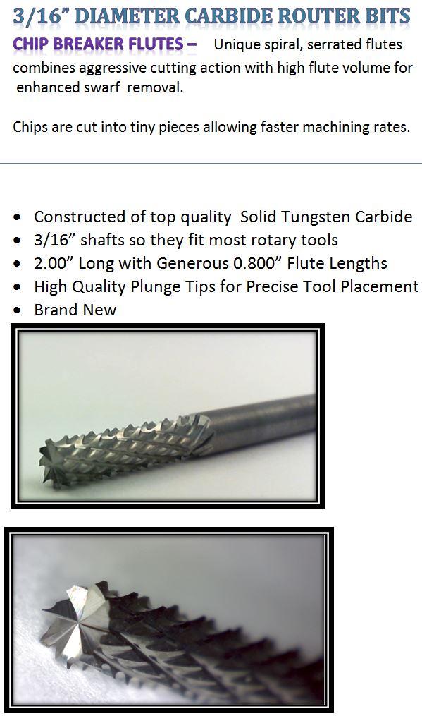 3/16" x .800" LOC Diamond Flute Carbide Router Fish Tail Tip