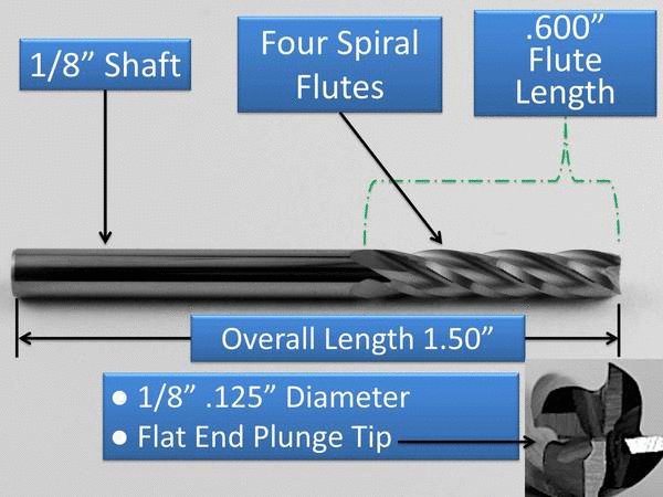 Four Flute Carbide End Mill - 1/8" Diameter and Shaft - 0.600" or 0.870" Depth of Cut M182 M183