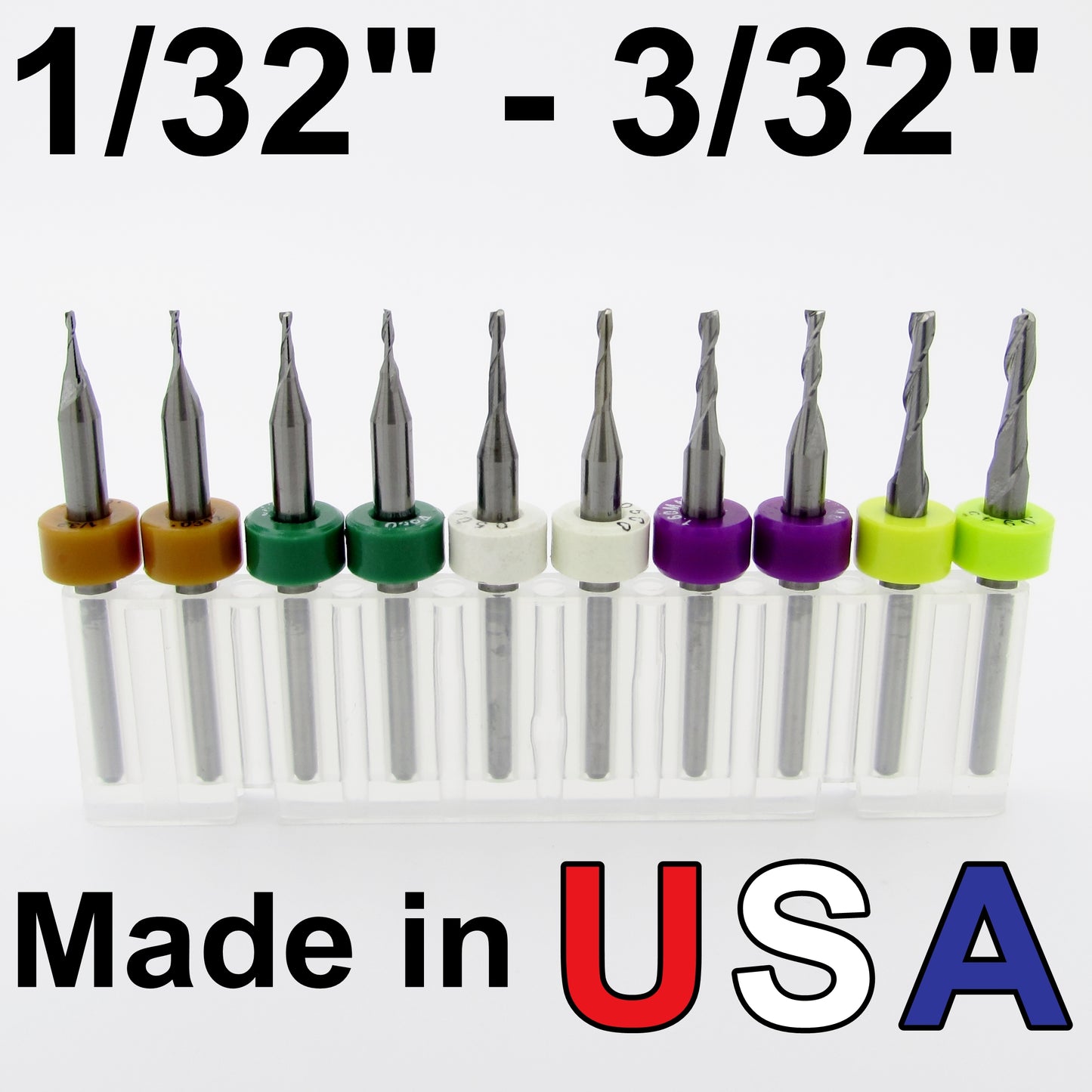 10 Piece (Five Size) Two Flute Carbide End Mill Set 1/32" to 3/32" - Made in USA