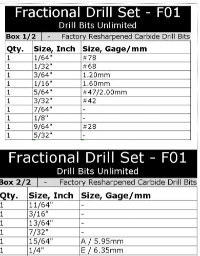 Fractional Carbide Drill Set - 1/64" to 1/4" - 16 Sizes F01
